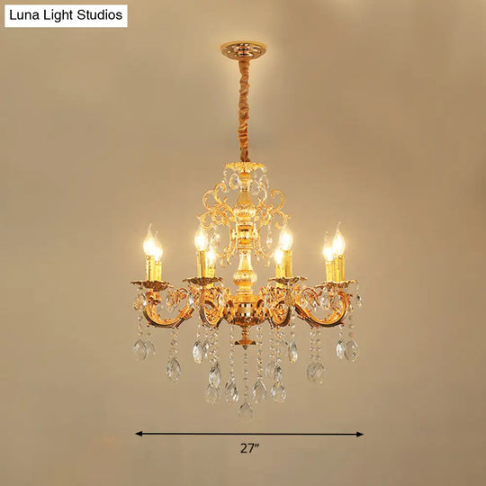 Modern Metal Candle Chandelier: 8/10/12 Light Brass Pendant With Crystal Draping