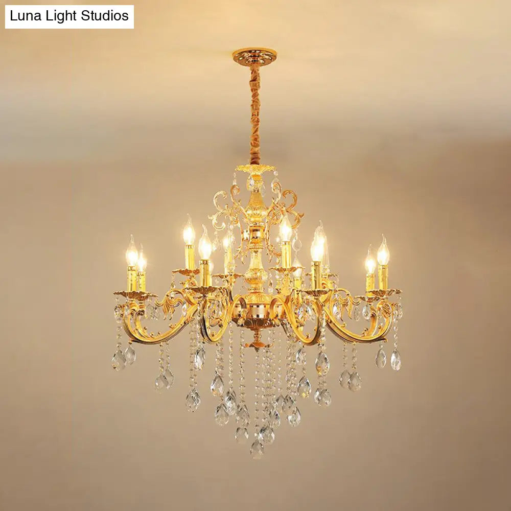 Modern Metal Candle Chandelier: 8/10/12 Light Brass Pendant With Crystal Draping