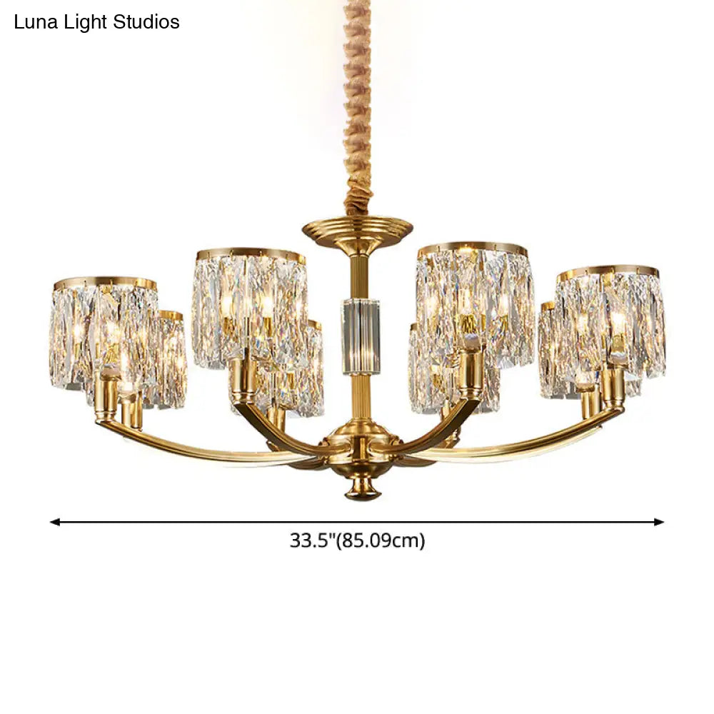 Modern Metal Chandelier With Brass Arced Arm And Prismatic Crystal Shade