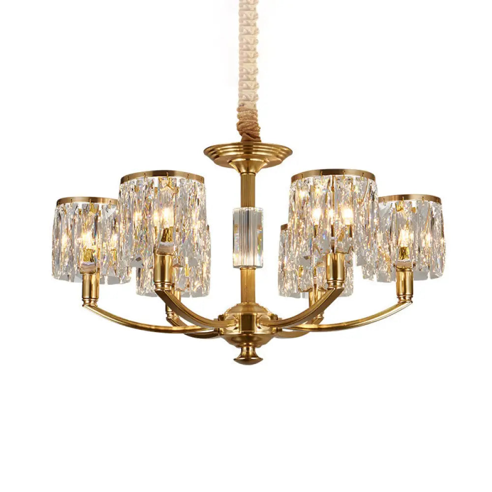 Modern Metal Chandelier With Brass Arced Arm And Prismatic Crystal Shade 6 /