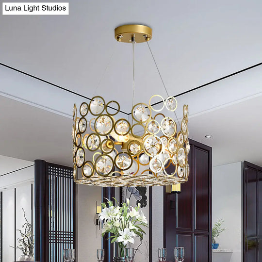 Modern Metal Chandelier With Crystal Bead Detail - 4-Bulb Ceiling Hang Fixture For Dining Room Gold