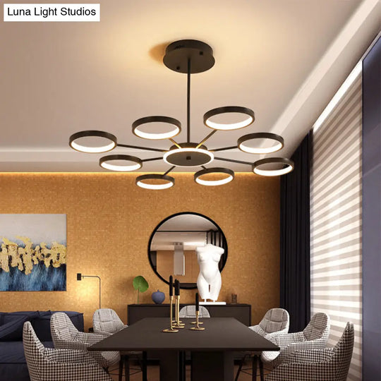 Modern Metal Circle Branched 6-Light Led Chandelier In Black/Gold Warm/White Lighting