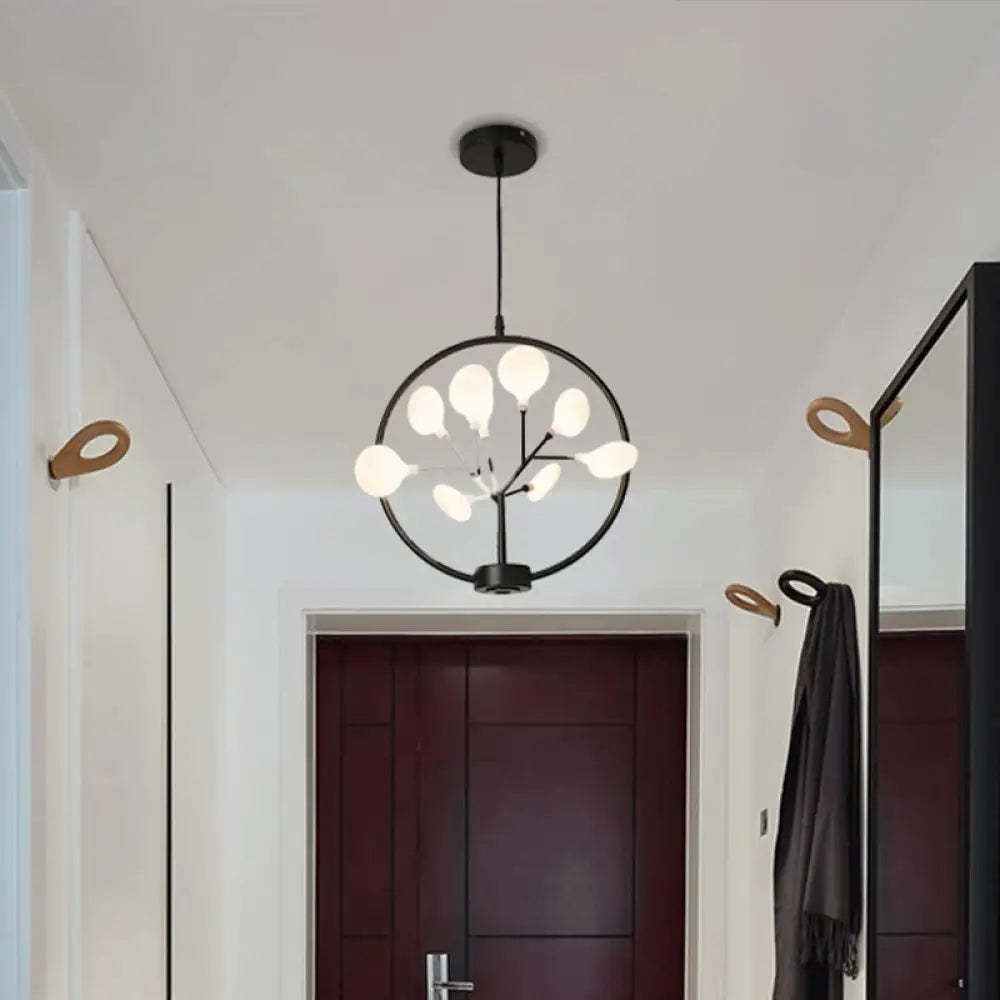 Modern Metal Circle Hanging Ceiling Light - 9 Bulbs Chandelier With Firefly Design Black / A