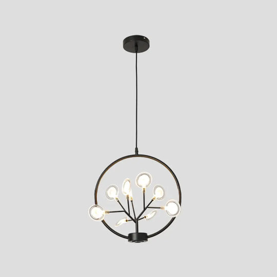 Modern Metal Circle Hanging Ceiling Light - 9 Bulbs Chandelier With Firefly Design Black / B