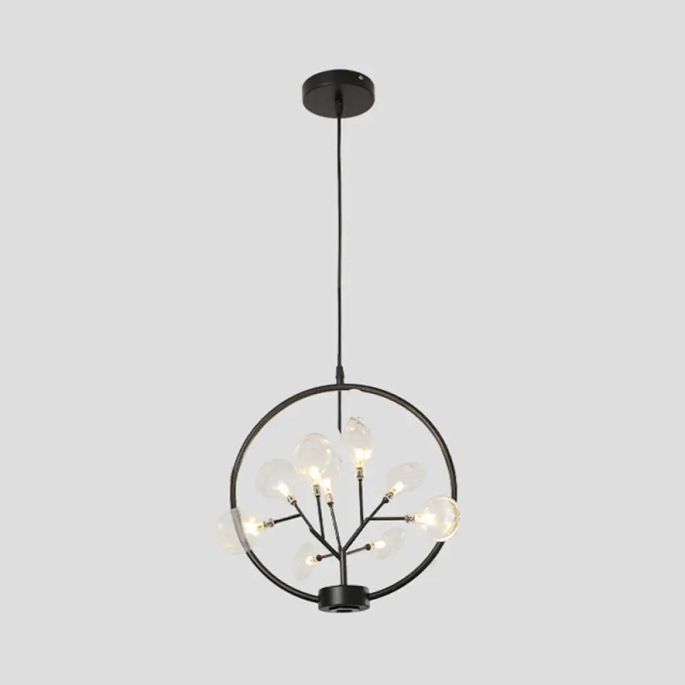 Modern Metal Circle Hanging Ceiling Light - 9 Bulbs Chandelier With Firefly Design Black / C