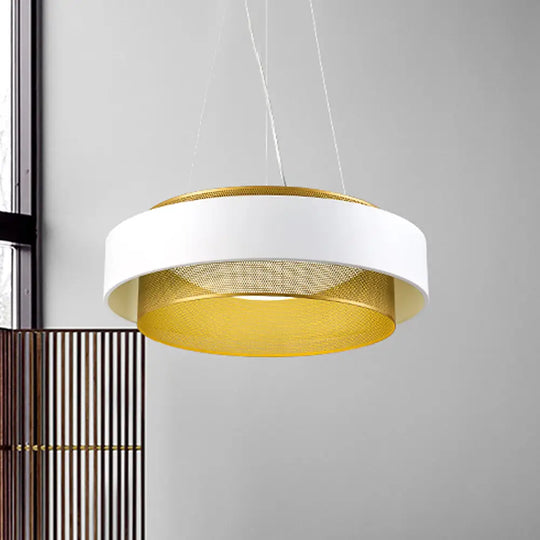 Modern Metal Circle Hanging Light - White/Black-Gold 15’/18’ Wide Led Drop Pendant With Mesh