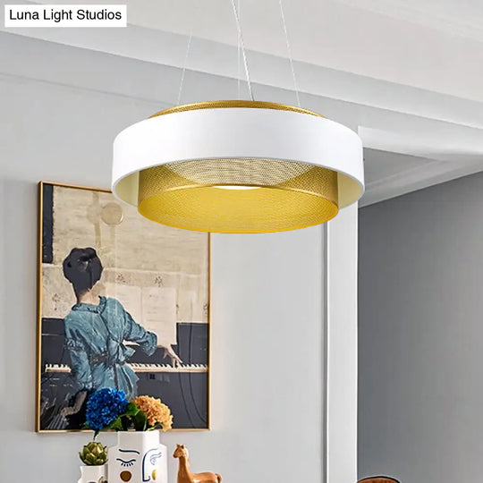 Modern Metal Circle Hanging Light - White/Black-Gold 15’/18’ Wide Led Drop Pendant With Mesh