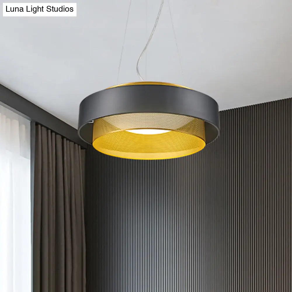 Modern Metal Circle Hanging Light - White/Black-Gold 15’/18’ Wide Led Drop Pendant With Mesh