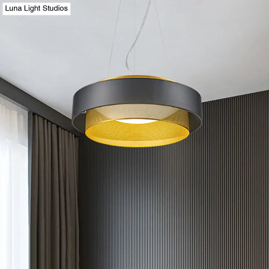 Modern Metal Circle Hanging Light - White/Black-Gold 15’/18’ Wide Led Drop Pendant With Mesh