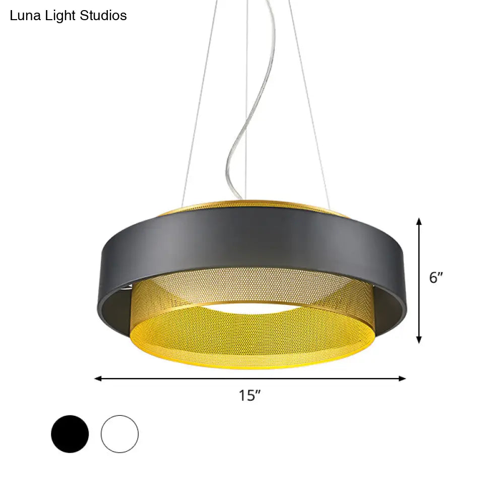 Modern Metal Circle Hanging Light - White/Black-Gold 15’/18’ Wide Led Drop Pendant With Mesh