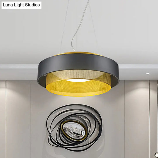 Modern Metal Circle Hanging Light With Mesh Screen And Acrylic Diffuser - White/Black-Gold Finish