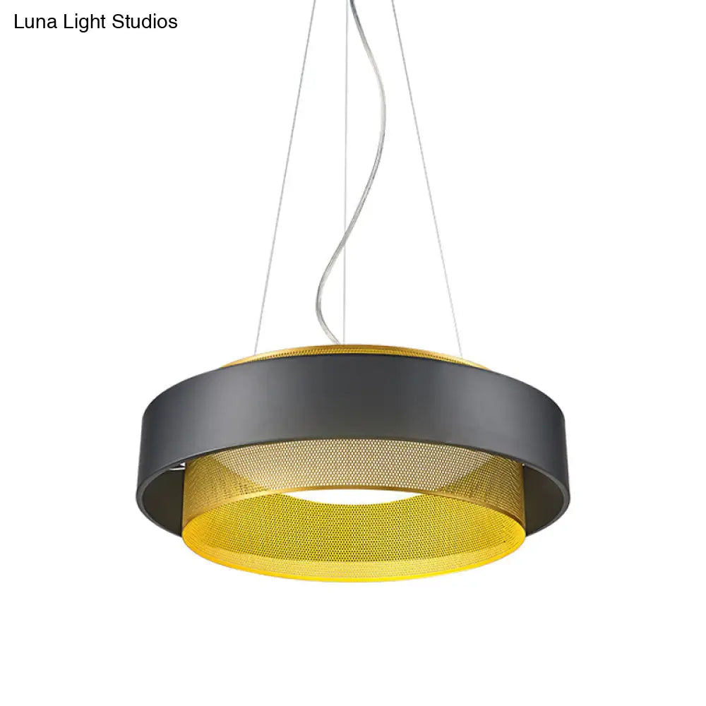 Modern Metal Circle Hanging Light - White/Black-Gold 15’/18’ Wide Led Drop Pendant With Mesh