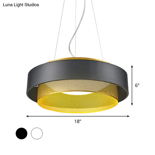 Modern Metal Circle Hanging Light - White/Black-Gold 15’/18’ Wide Led Drop Pendant With Mesh