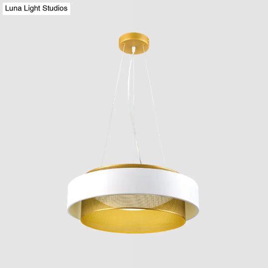 Modern Metal Circle Hanging Light - White/Black-Gold 15’/18’ Wide Led Drop Pendant With Mesh