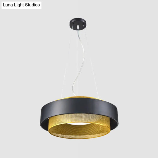 Modern Metal Circle Hanging Light With Mesh Screen And Acrylic Diffuser - White/Black-Gold Finish