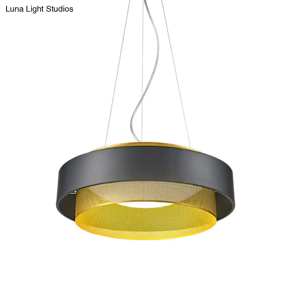 Modern Metal Circle Hanging Light With Mesh Screen And Acrylic Diffuser - White/Black-Gold Finish