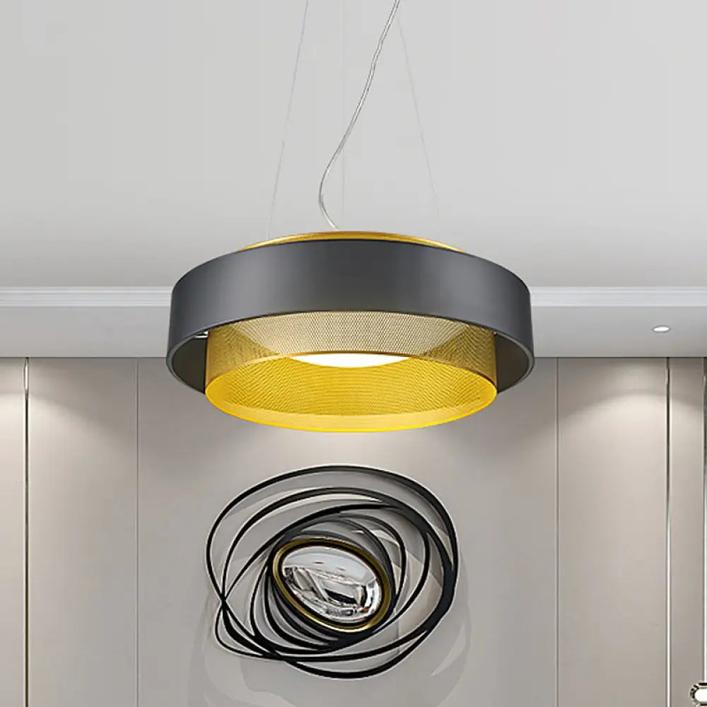 Modern Metal Circle Hanging Light - White/Black-Gold 15’/18’ Wide Led Drop Pendant With Mesh