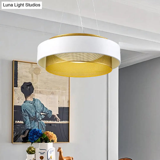 Modern Metal Circle Hanging Light With Mesh Screen And Acrylic Diffuser - White/Black-Gold Finish