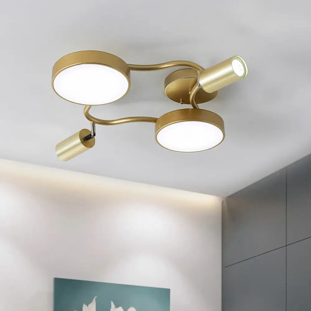 Modern Metal Circular Semi Flush Mount - 4-Bulb Gold Ceiling Lighting For Bedroom