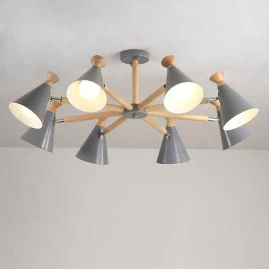 Modern Metal Cone Chandelier With 8 Bulbs - Stylish Pendant Light Fixture For Living Room Wood Cork