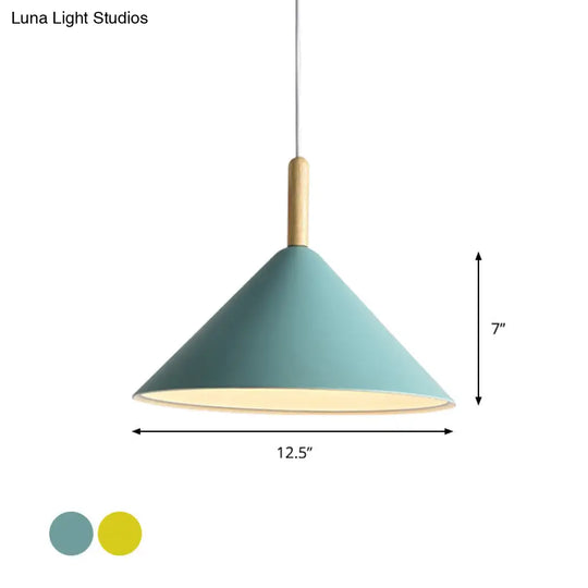 Modern Metal Cone Hanging Pendant Light 1-Light Yellow/Blue 12.5’/16.5’ Dia