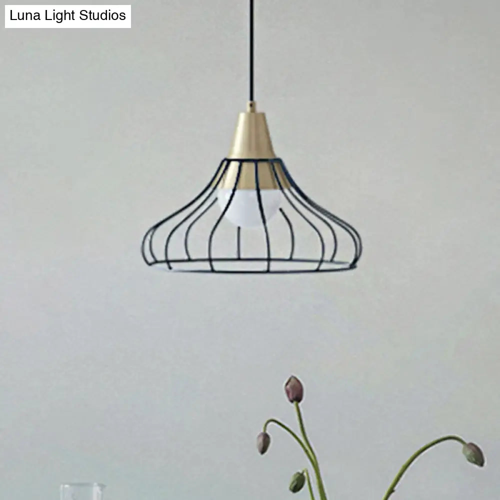 Modern Metal Cone Pendant Lighting - 1 Light Hanging Lamp With Wire-Cage Shade (9/13 Wide) Black /