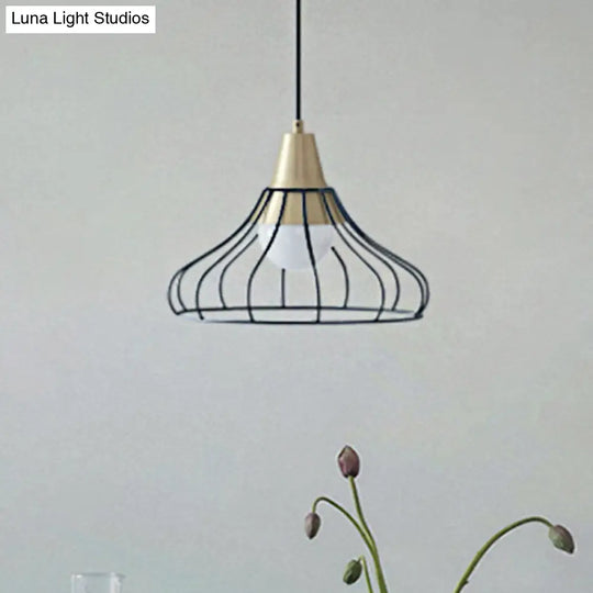 Modern Metal Cone Pendant Lighting - 1 Light Hanging Lamp With Wire-Cage Shade (9/13 Wide) Black /