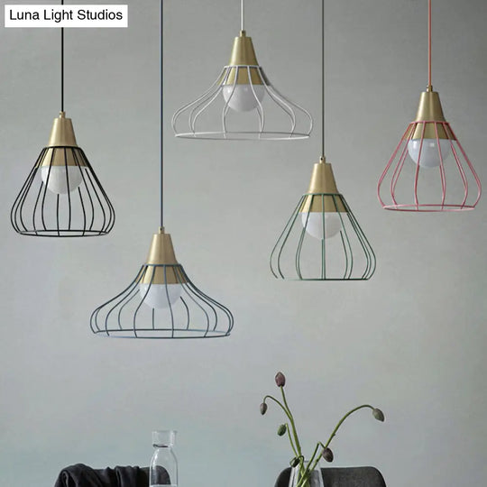 Modern Metal Cone Pendant Light With Wire-Cage Shade - 1 9’/13’ Wide