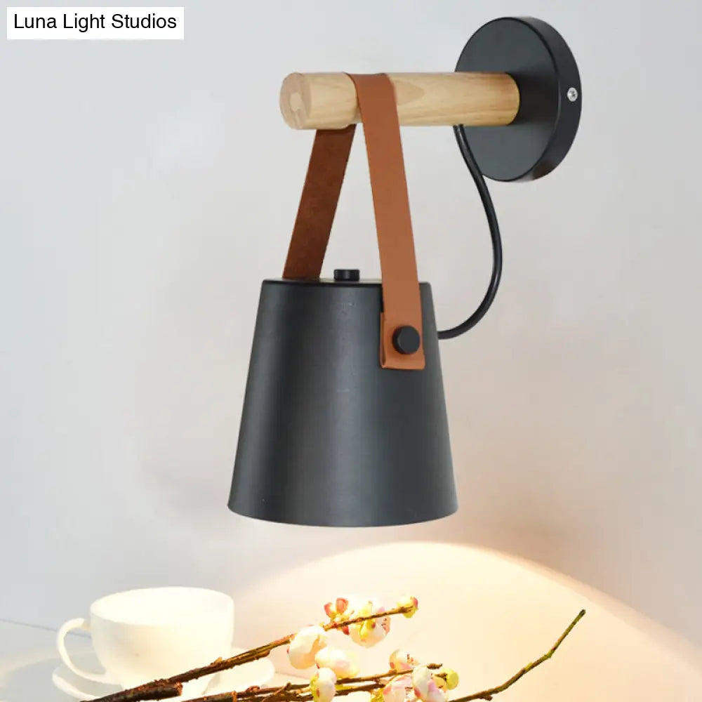 Modern Metal Cone Sconce Light With Wood Arm - White/Black Wall Fixture