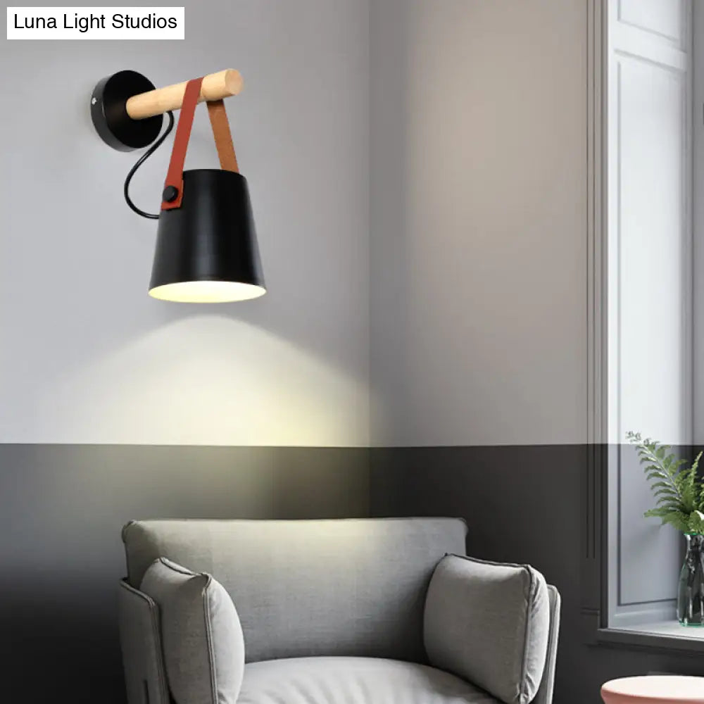 Modern Metal Cone Sconce Light With Wood Arm - White/Black Wall Fixture