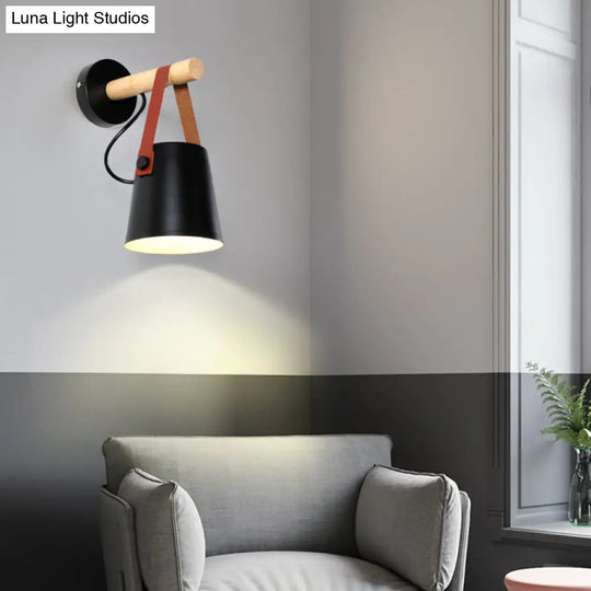 Modern Metal Cone Sconce Light With Wood Arm - White/Black Wall Fixture