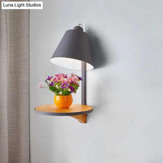 Modern Metal Cone Wall Sconce With Shelf - Bedroom Lamp