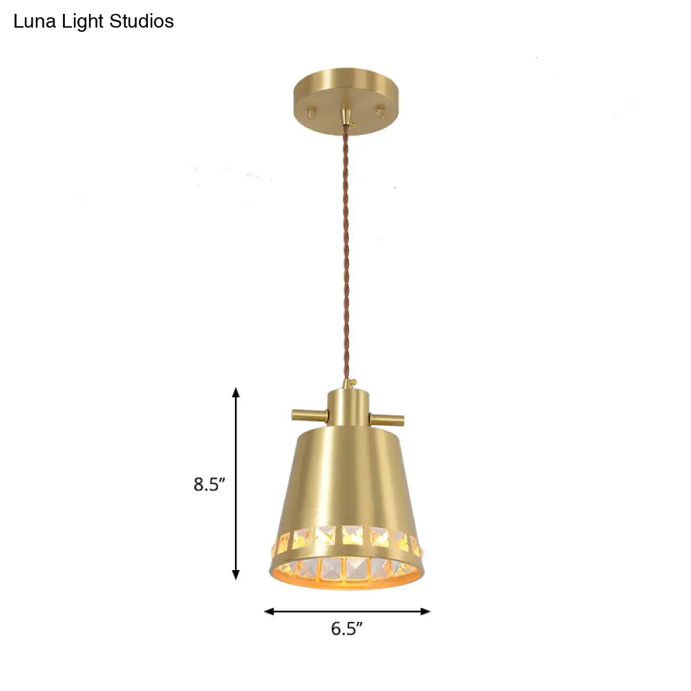 Modern Metal Conical Pendant With Crystal Embedded Edge Design - Brass Finish