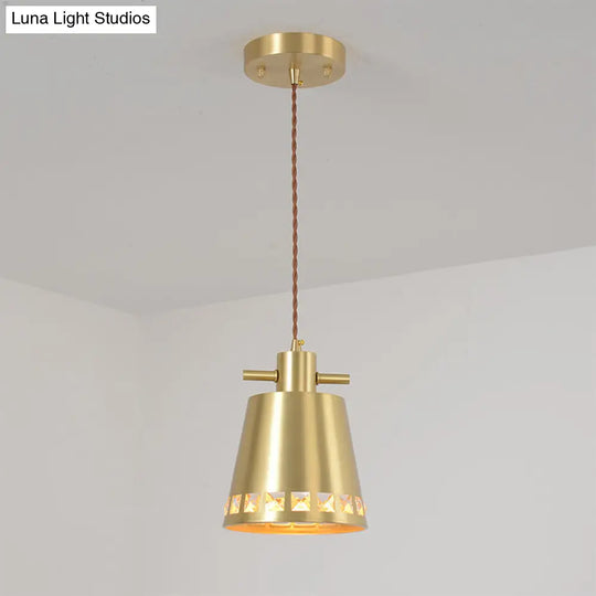 Modern Brass Pendant With Crystal Embedded Edge Design - Metal Conical Down Lighting