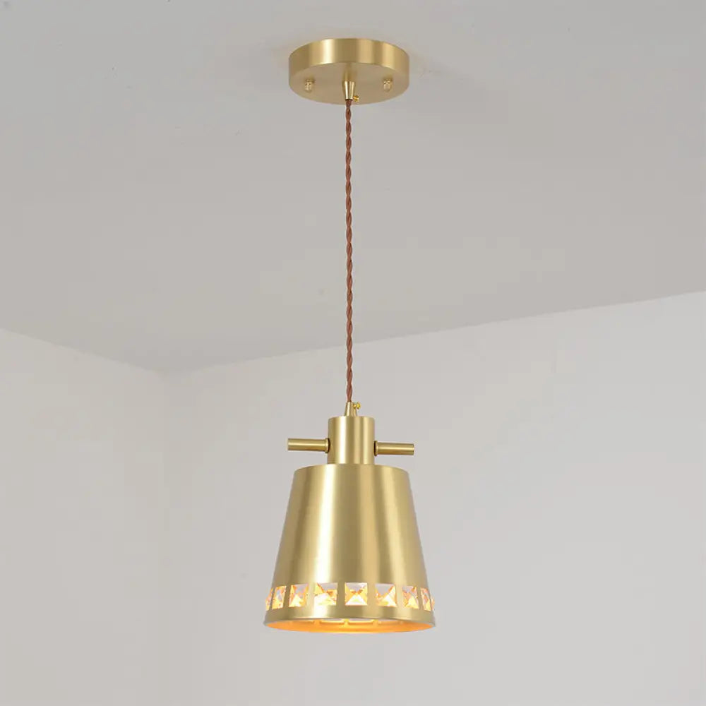 Modern Metal Conical Pendant With Crystal Embedded Edge Design - Brass Finish