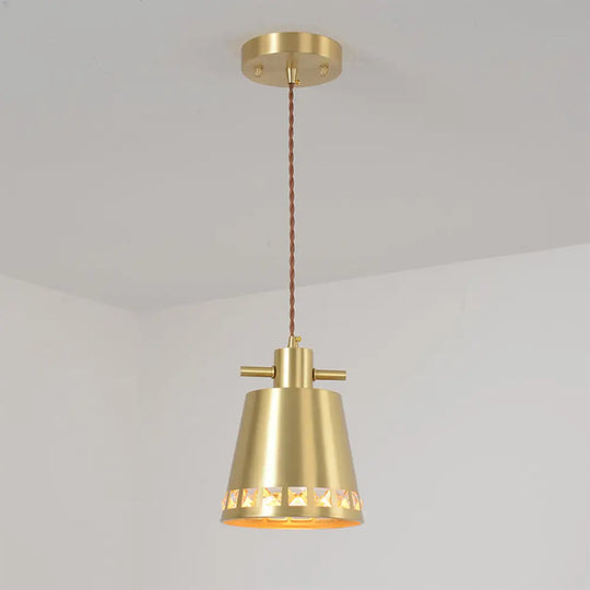 Modern Metal Conical Pendant With Crystal Embedded Edge Design - Brass Finish