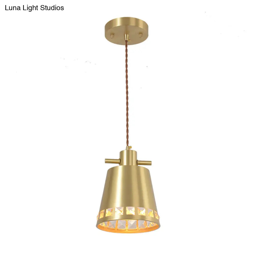 Modern Brass Pendant With Crystal Embedded Edge Design - Metal Conical Down Lighting