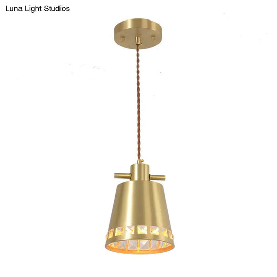 Modern Brass Pendant With Crystal Embedded Edge Design - Metal Conical Down Lighting