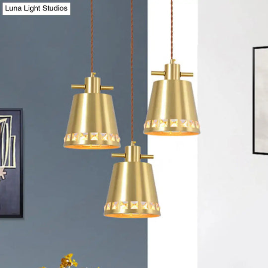 Modern Brass Pendant With Crystal Embedded Edge Design - Metal Conical Down Lighting