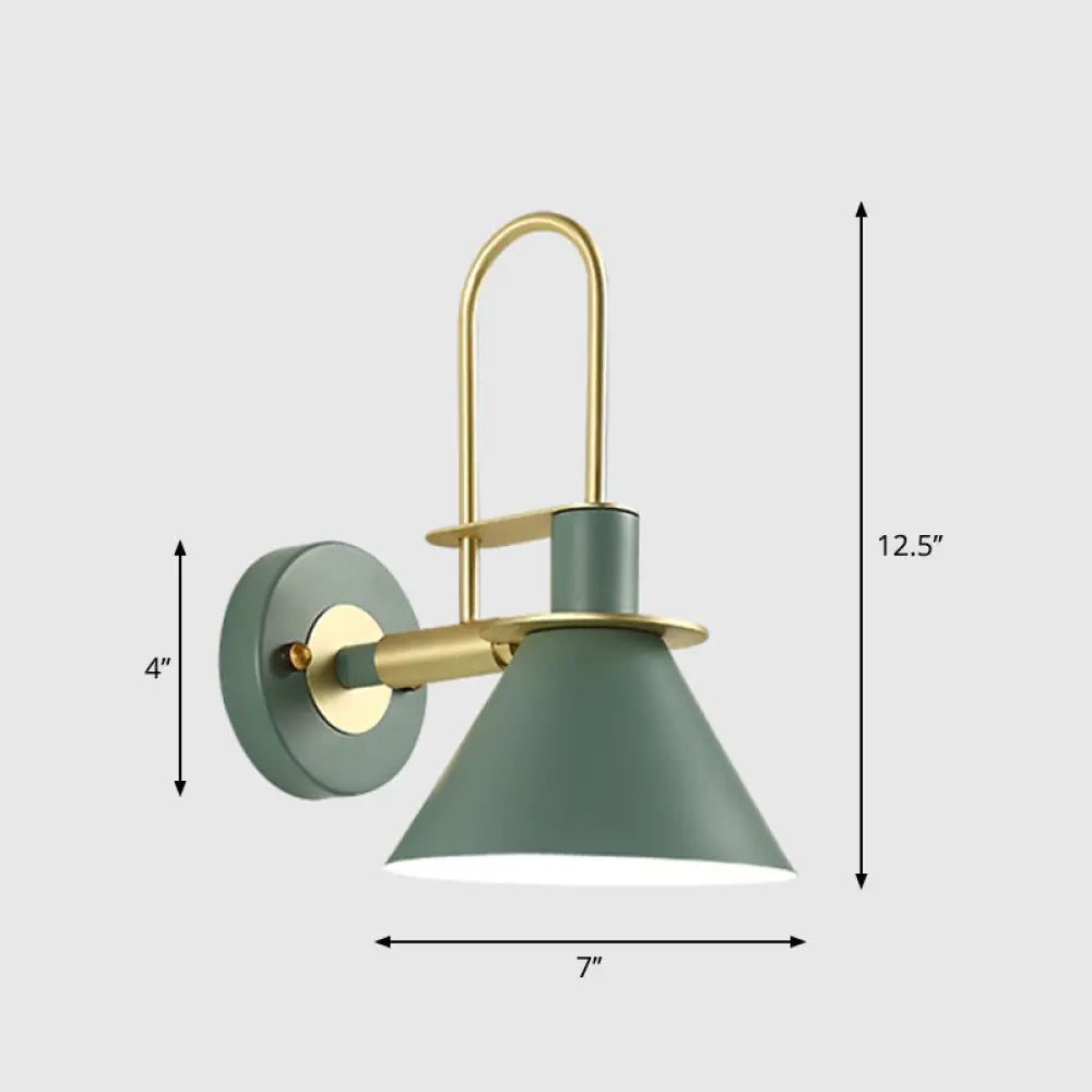 Modern Metal Conical Wall Mount Lamp With Arched Brass Arm - 1-Bulb Light Fixture Green