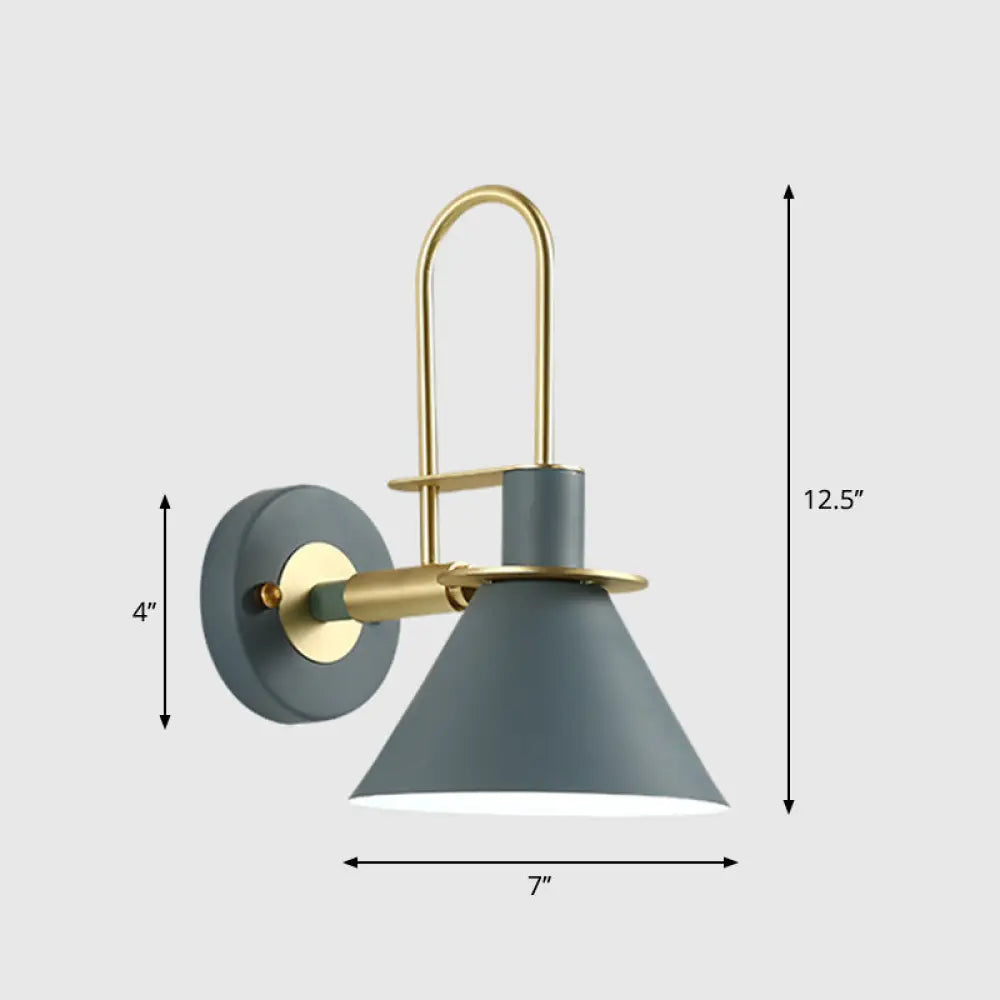 Modern Metal Conical Wall Mount Lamp With Arched Brass Arm - 1-Bulb Light Fixture Pewter