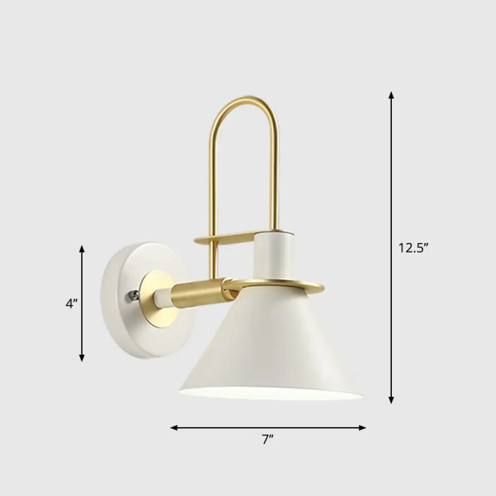 Modern Metal Conical Wall Mount Lamp With Arched Brass Arm - 1-Bulb Light Fixture White