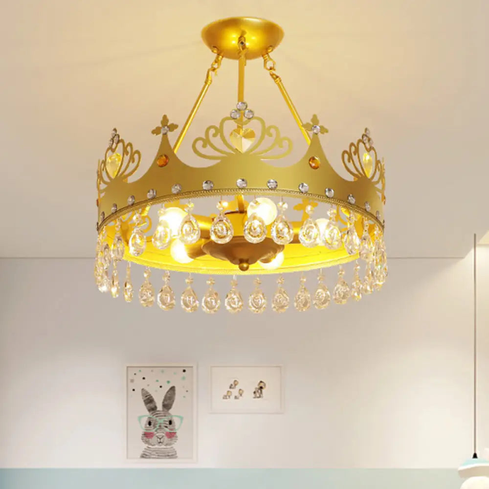 Modern Metal Crown Chandelier - 5-Light Pink/Gold Nursery Hanging Light Fixture Gold