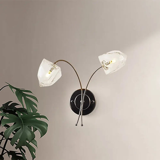 Modern Metal Curved Wall Sconce With Bell Glass Shade In Black Finish - 2 Lights