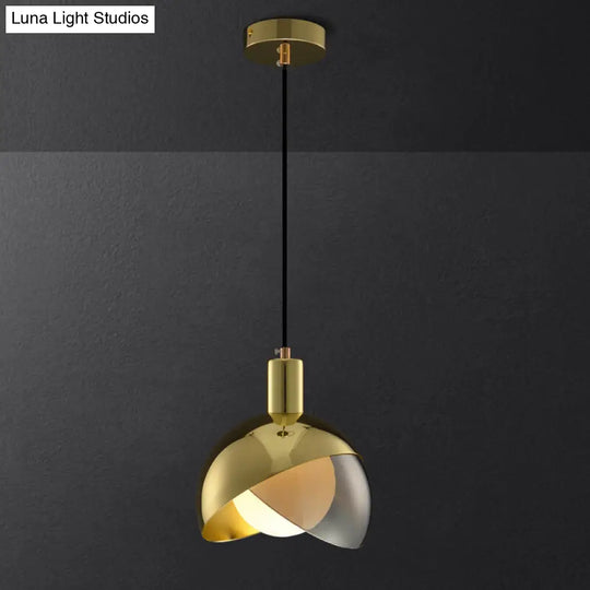 Modernist Metal Pendant Lamp With Inner Opal Glass Shade - Split Dome Design 1-Light Fixture