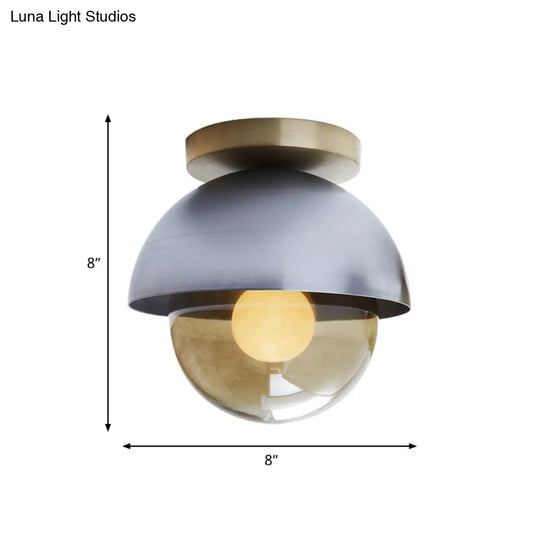 Modern Metal Dome Flush Ceiling Light With Orb Amber Glass Shade - Grey Flushmount Lamp