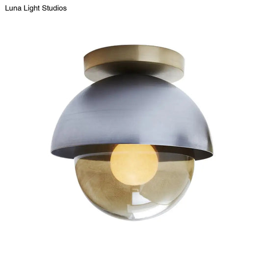 Modern Metal Dome Flush Ceiling Light With Orb Amber Glass Shade - Grey Flushmount Lamp