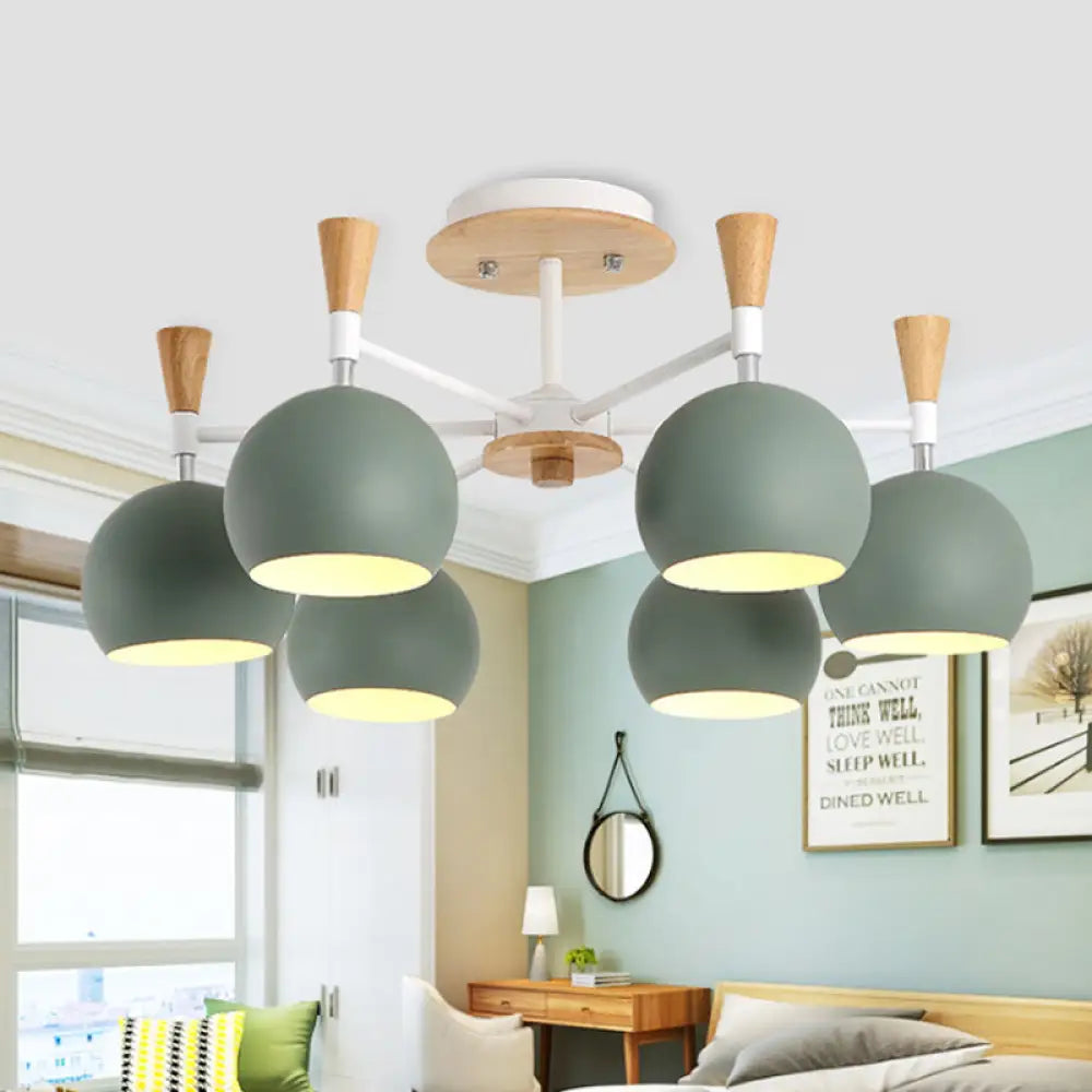 Modern Metal Dome Hanging Chandelier - 6 Bulb Kid Bedroom Light Green