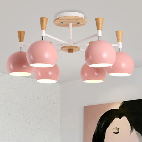 Modern Metal Dome Hanging Chandelier - 6 Bulb Kid Bedroom Light Pink