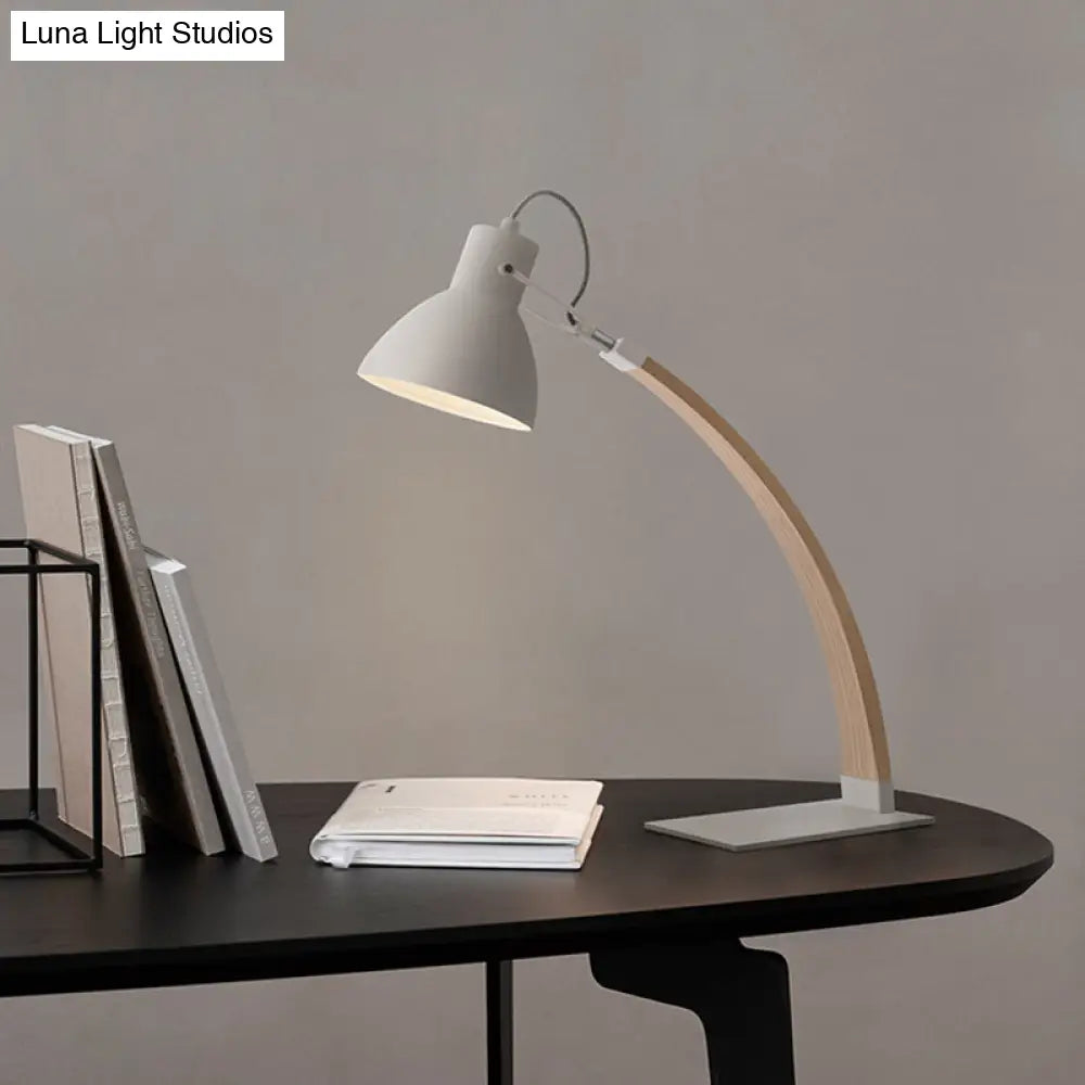 Modern Metal Domed Table Lamp With Wood Arm - Small Desk Light (White/Black)